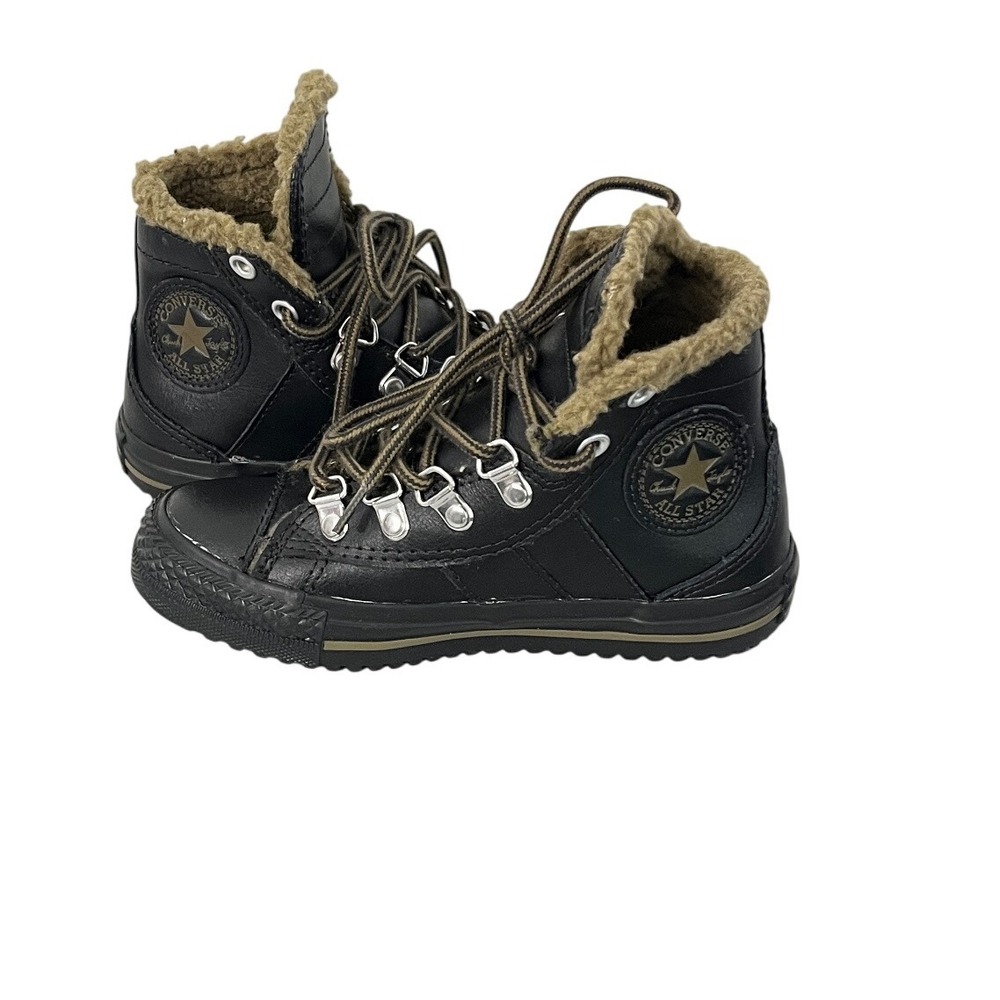 Converse Chuck Taylor All Star Boots Kids Size 12 Black Leather Faux Fur Lining